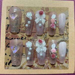 Pink & White Roses Press On Nail Set with Pearl Accents - Bridal Collection